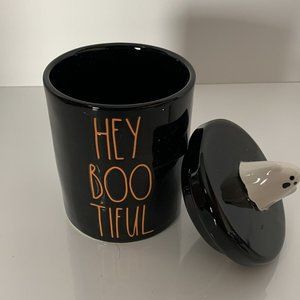 Rae Dunn Hey Bootiful Jar With White Ghost Top and Black Base Halloween Themed
